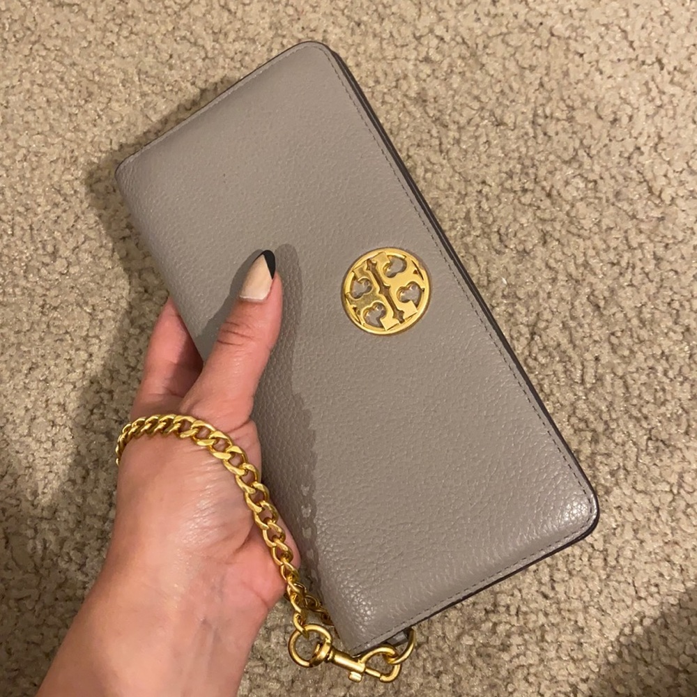 Tory Burch Taupe Leather Slim Wallet w/ Gold Chain